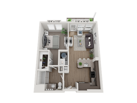 Floor plan for 1 bed, 1 bath, 614 sqft